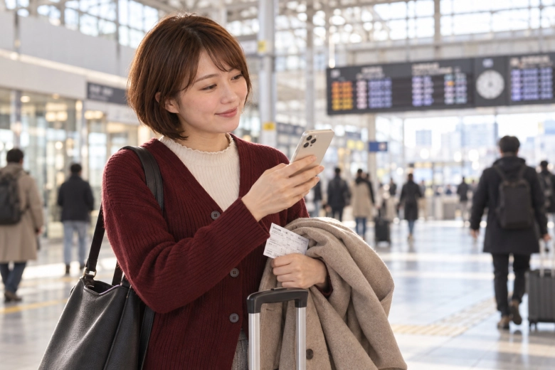 駅で外出や帰りの予定を確認する女性