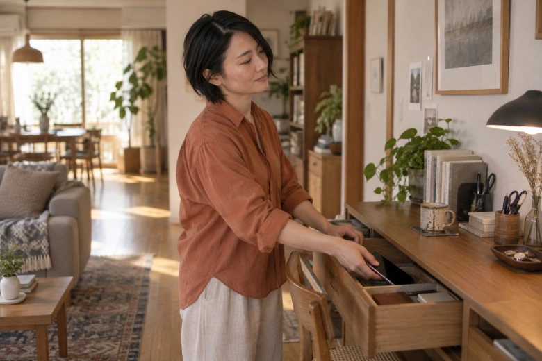 スマートフォンを引き出しにしまう女性