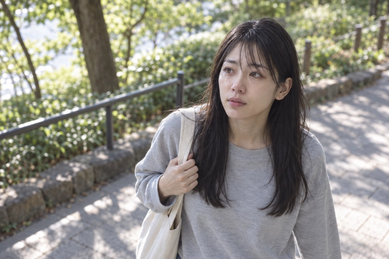 公園の小道を散歩する女性