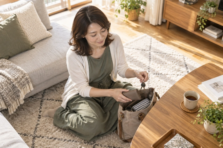 自宅で外出用のバッグを準備する女性