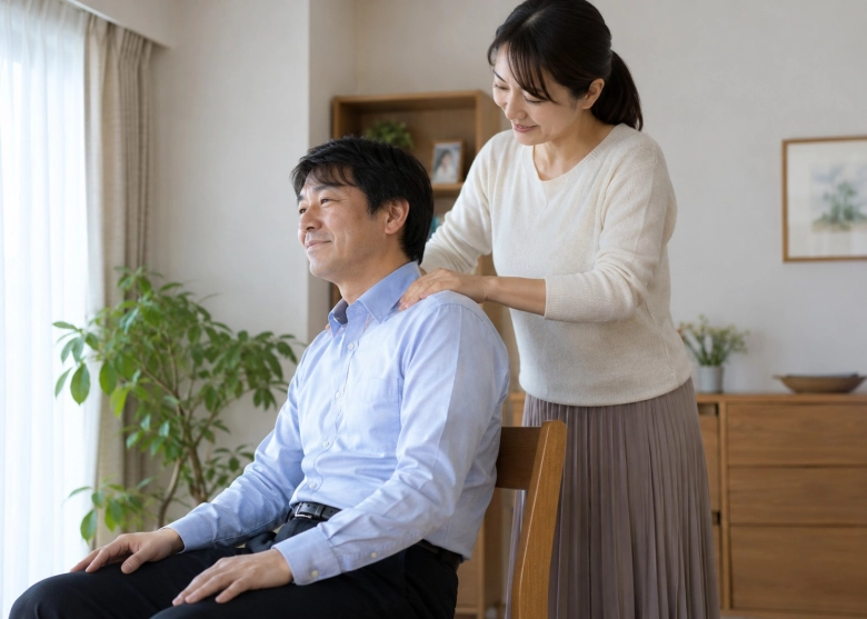 希望を聞いて、肩をほぐしてあげる場面