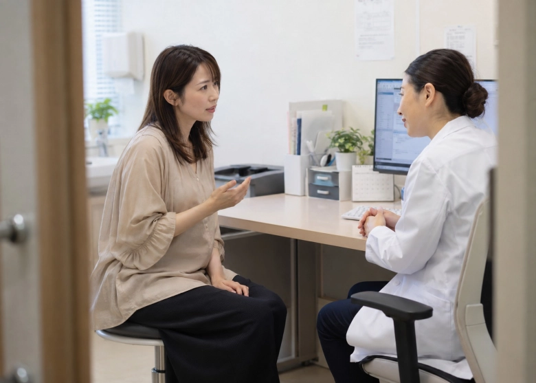 健診で体の回復について確認する女性