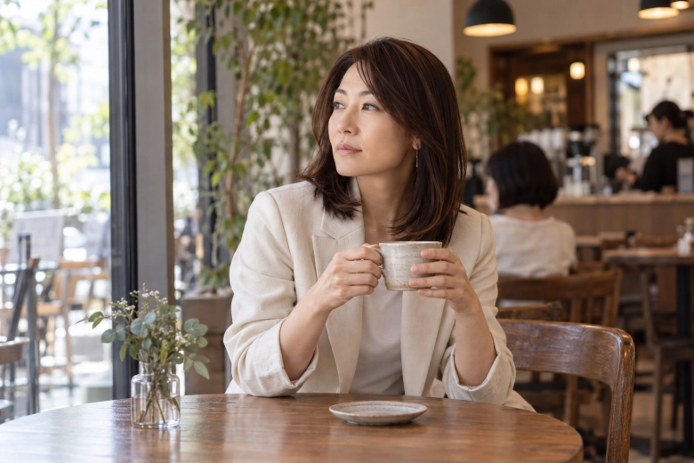 公共のカフェでくつろぐ女性