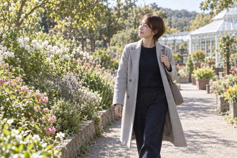 休日の植物園を歩く女性