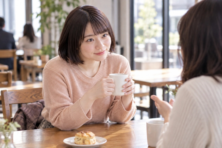 明るいカフェで知人と話す女性