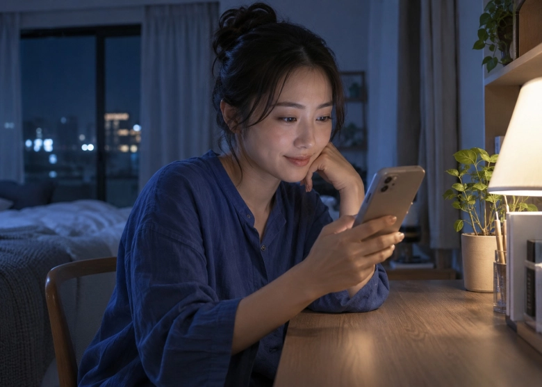 自宅で、チャットの会話を楽しむ女性