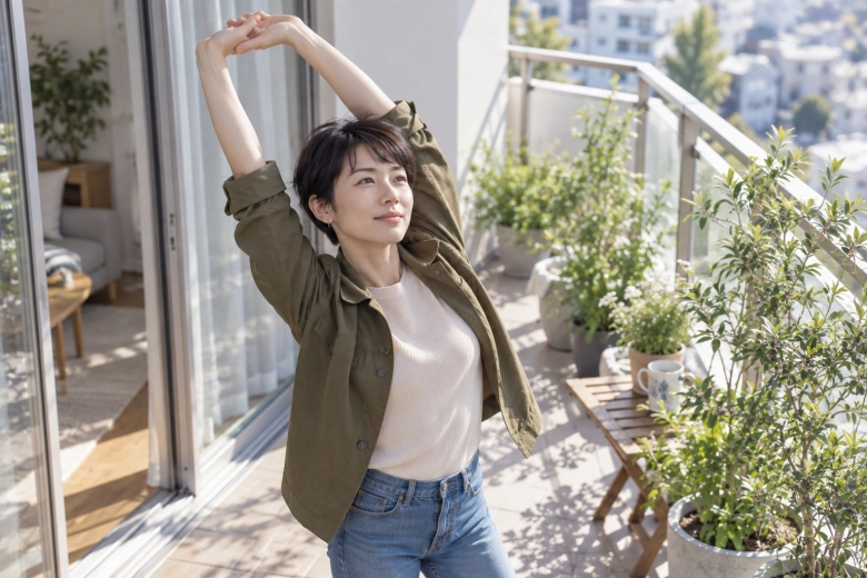 自宅のベランダで体を伸ばす女性