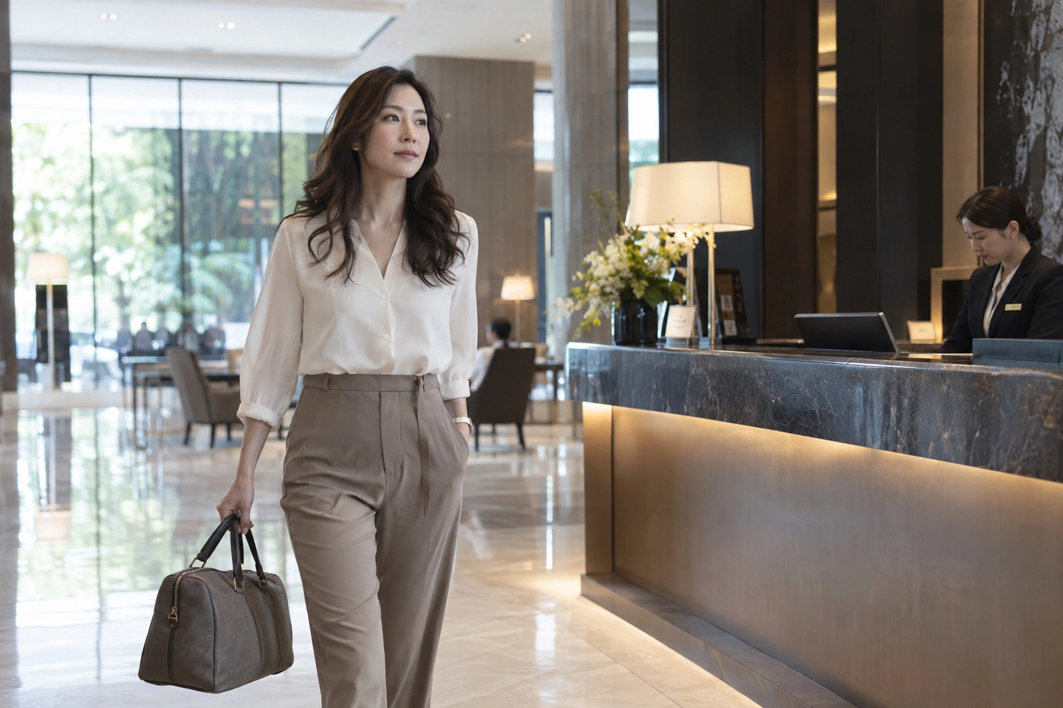 朝のホテルのロビーから帰路につく女性