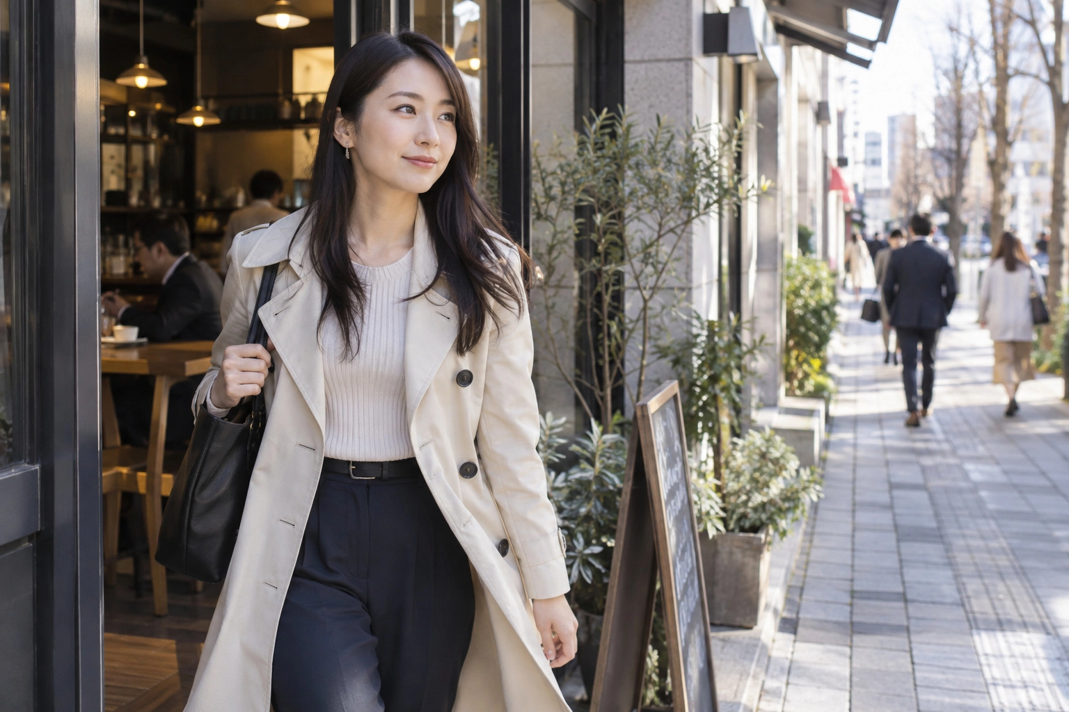 カフェを出て自分のペースで歩く女性