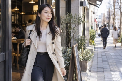 カフェを出て自分のペースで歩く女性