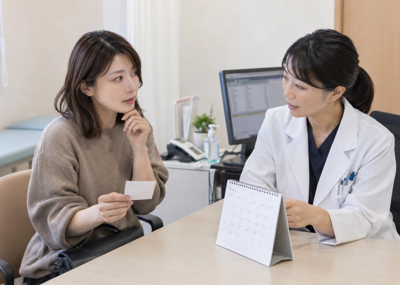 日程と周期のメモを用意して医師に相談する女性