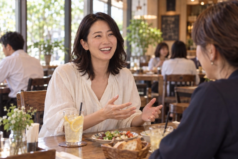 明るい飲食店で知人と話す女性