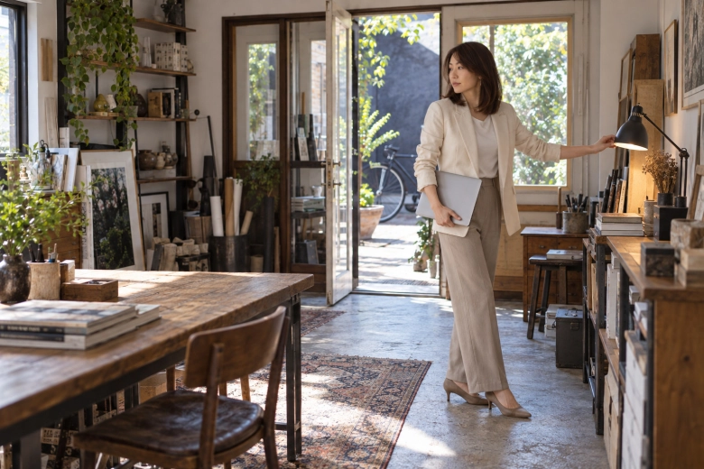 仕事を終えてパソコンを片づける女性