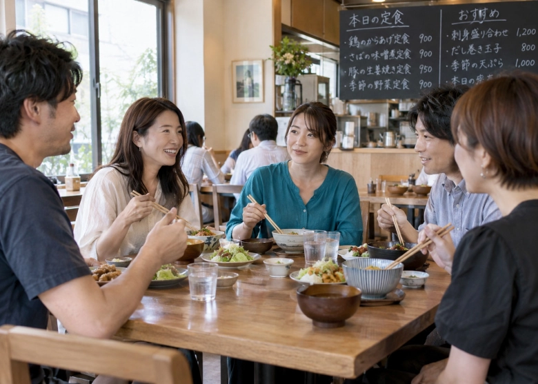 信頼できる人がいる場で、会話に参加する女性