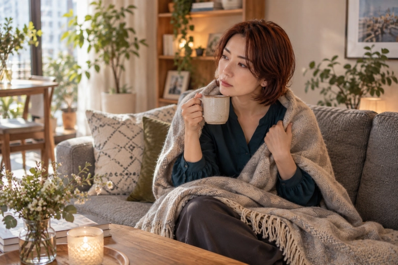 毛布にくるまって自宅で休む女性
