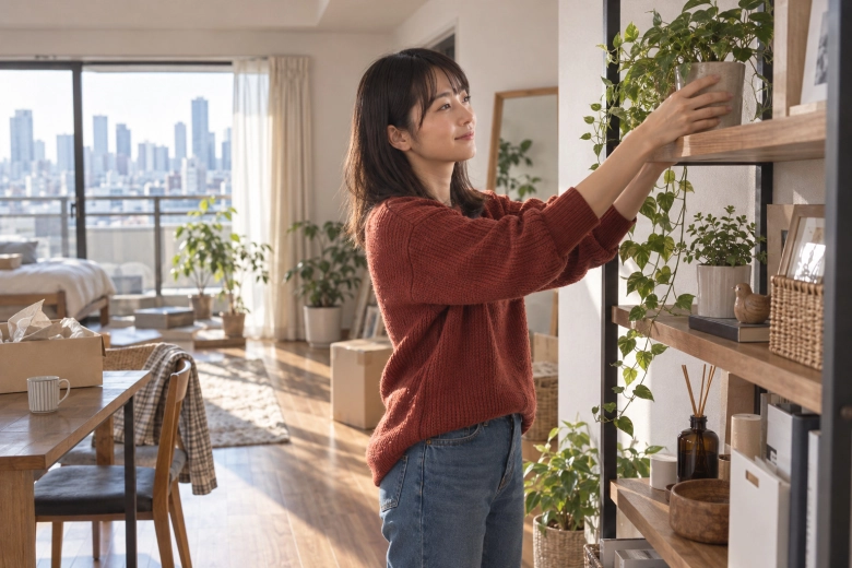 新居の棚に植物を飾る女性