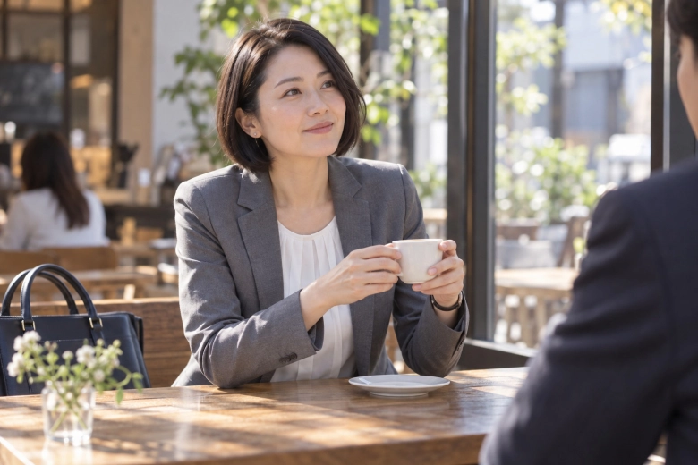 公共のカフェで知人と話す女性