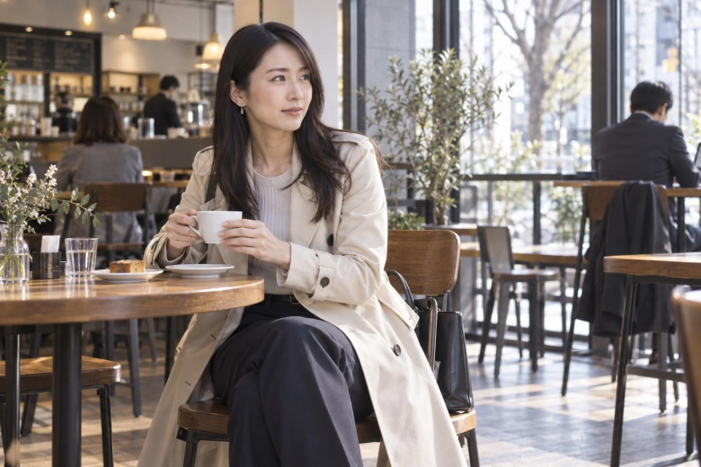 カフェで落ち着いて状況を考える女性