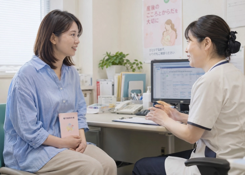産後の体の回復について、健診で相談する女性