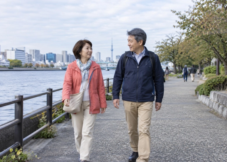 週末に散歩しながら、会話する夫婦