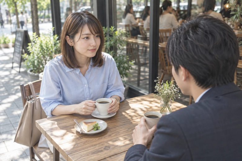 明るいカフェで初対面の相手と話す女性