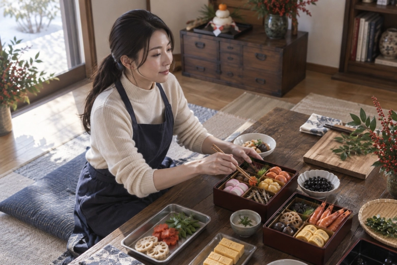 年越しの料理を用意する女性