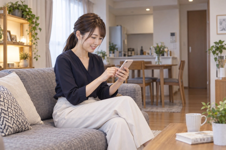 自宅で個人用のスマートフォンを使う女性