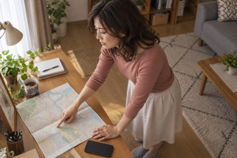 外出の予定を地図で確かめる女性
