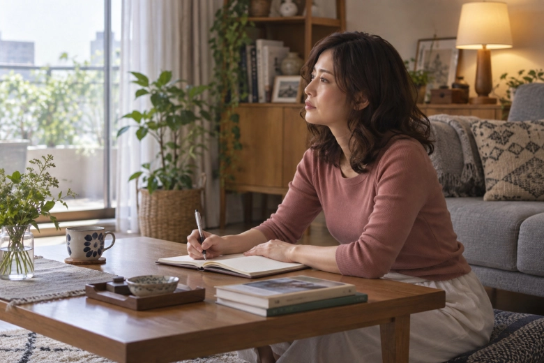 自宅で日記を書く女性