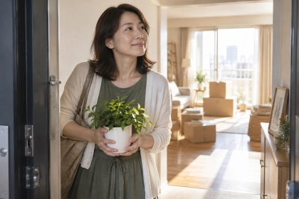 新居の玄関で観葉植物を抱える女性