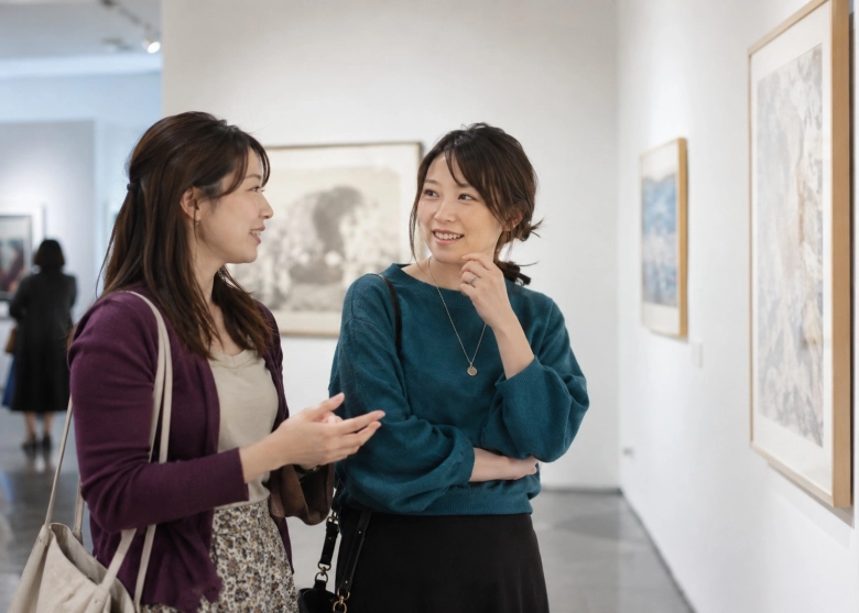 友達と出かけ、同じ場所で会話する女性