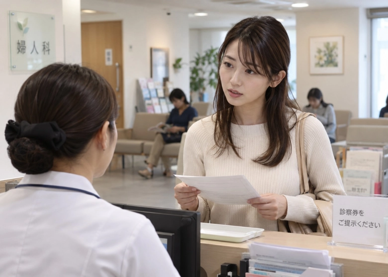 受付で体の不安について相談する女性