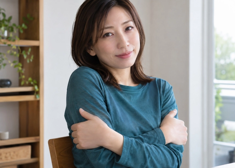 両腕で自分の二の腕をそっと包む女性