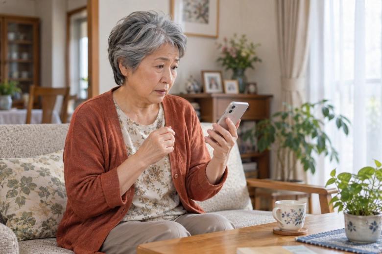 自宅でスマートフォンのメッセージを確かめる女性