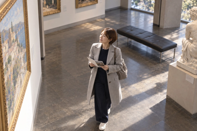 平日の美術館を楽しむ女性