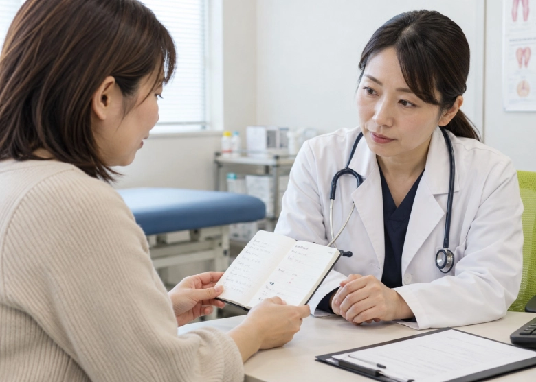 周期や気分の記録を見せながら相談する女性