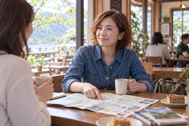 友人とカフェで日帰り旅行を相談する女性