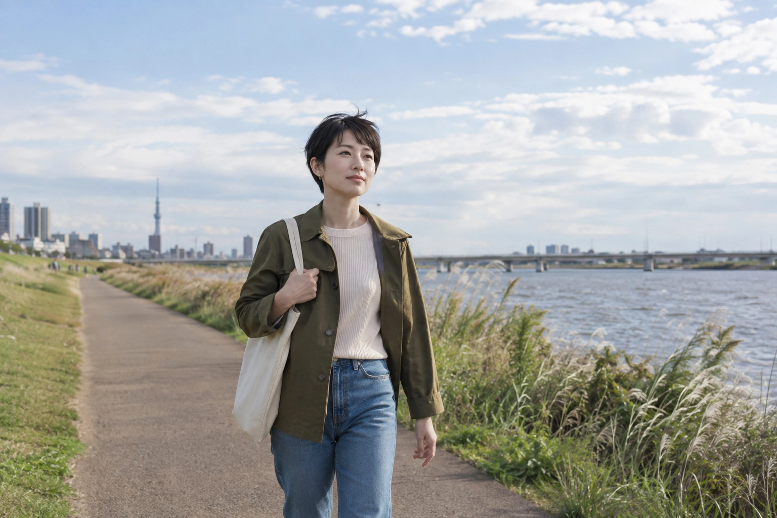 週末に川沿いを散歩する女性