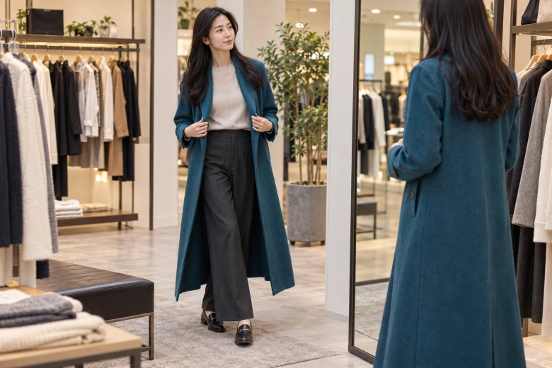鏡の前で着心地のよい服を確かめる女性
