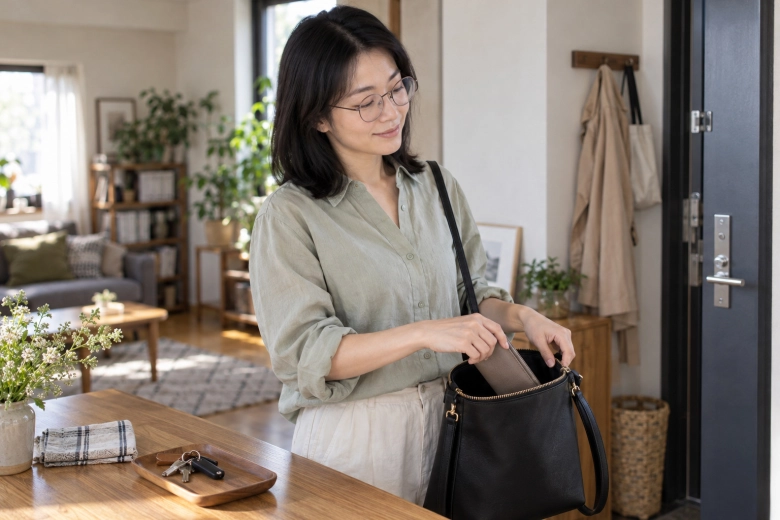外出前にバッグと鍵を準備する女性