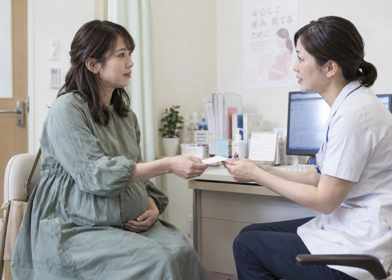健診で聞きたいことをメモにして渡す女性