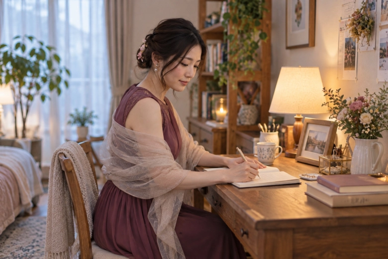 自宅で自分の希望をノートに書く女性