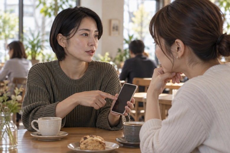 カフェで信頼する友人に安全対策を相談する女性