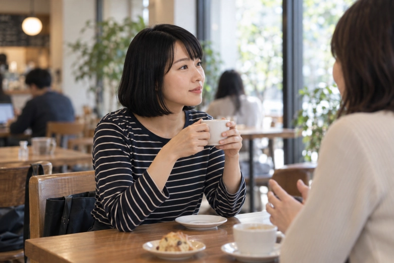 カフェで知人と話す女性