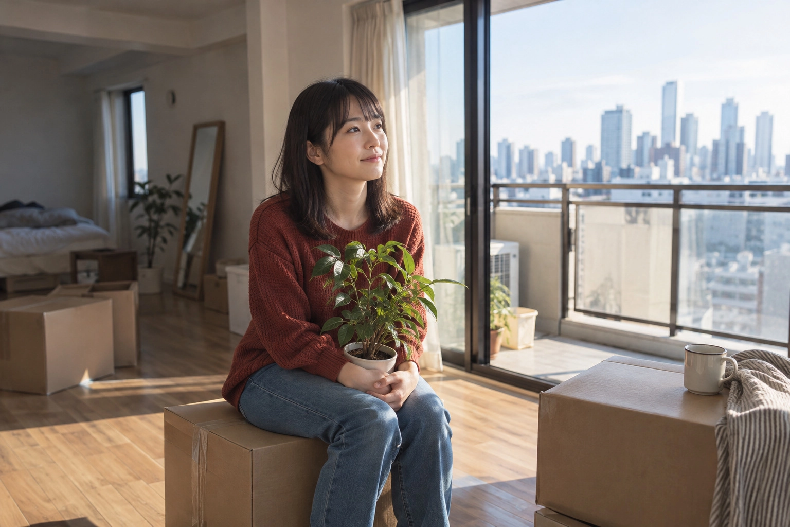 引っ越した部屋で観葉植物を抱える女性
