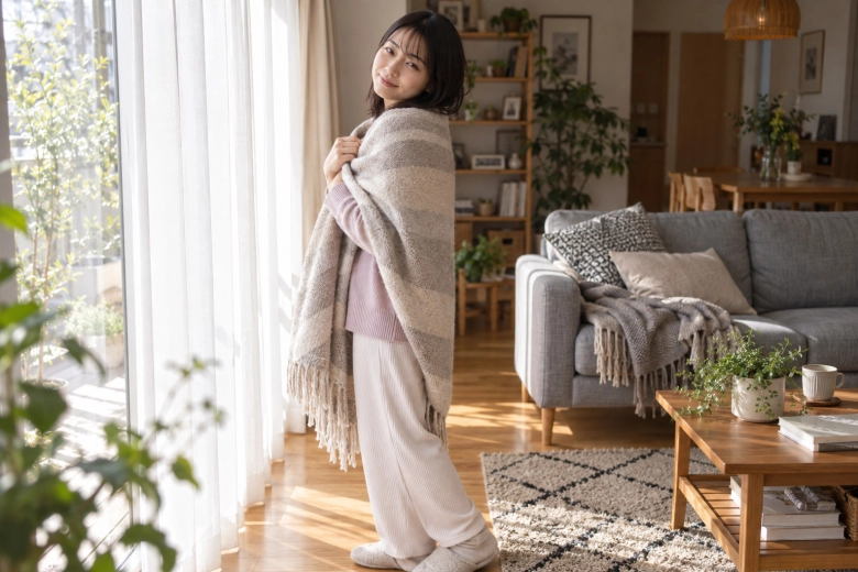 自宅の窓辺でブランケットを肩に掛ける女性