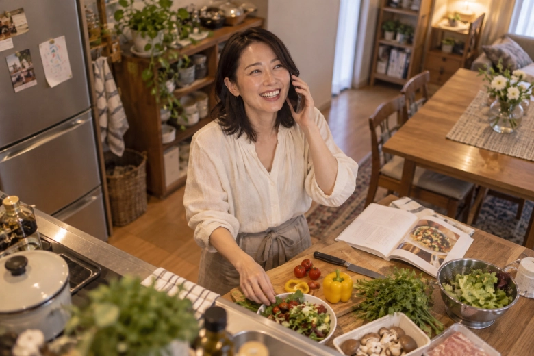 食事の予定を電話で相談する女性