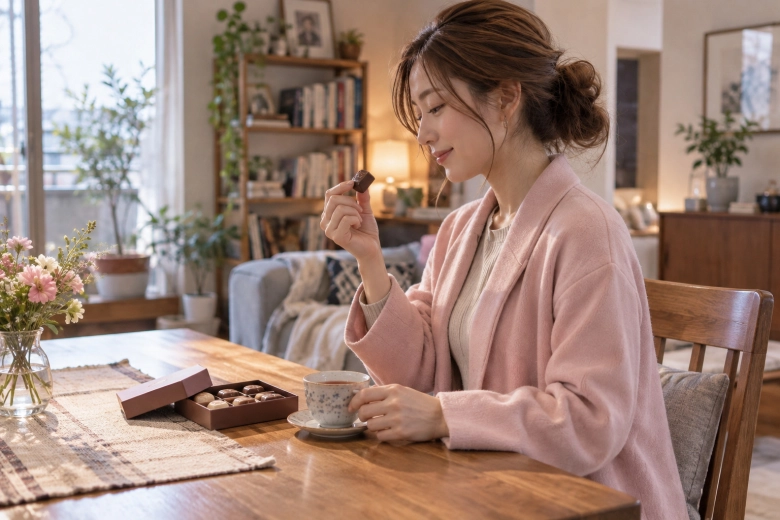 自宅でお茶とチョコレートを楽しむ女性