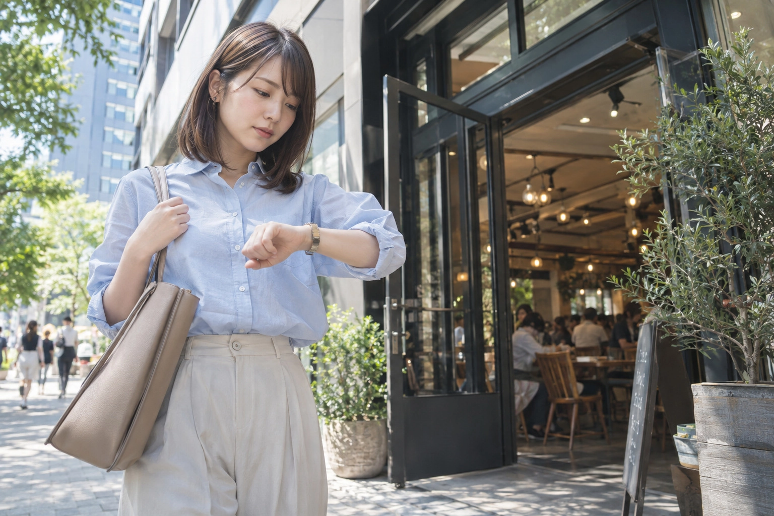 待ち合わせのカフェに着いて時間を確かめる女性