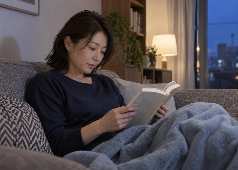 家事のあと、読みかけの本を開く女性